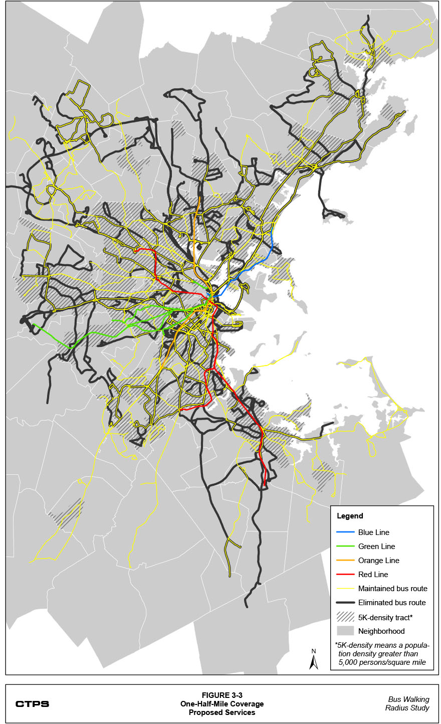 Figure 3-3: One-Half-Mile Coverage Proposed Services. This is a map that shows the transit routes that are proposed for maintenance and elimination in the service plan for the one-half-mile coverage threshold. The map also shows the location of census tracts with a population density greater than 5,000 persons per square mile.